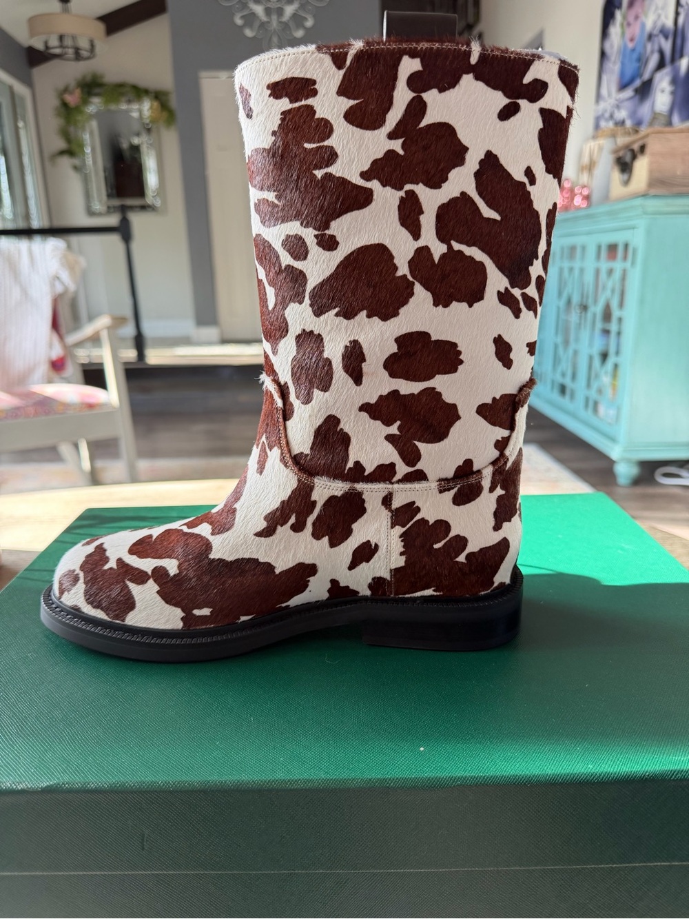Cowhide Calf-Hair Mid-Calf Boots in Brown & White - Picture 4 of 5